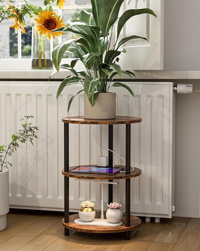 XBurmo Small Round End Table - 3 Tier Design Accent Table, Narrow Side or Bedside Stand, Industrial Vintage Table for Small Spaces, Built-in USB Ports and Power Outlet, Rustic Brown