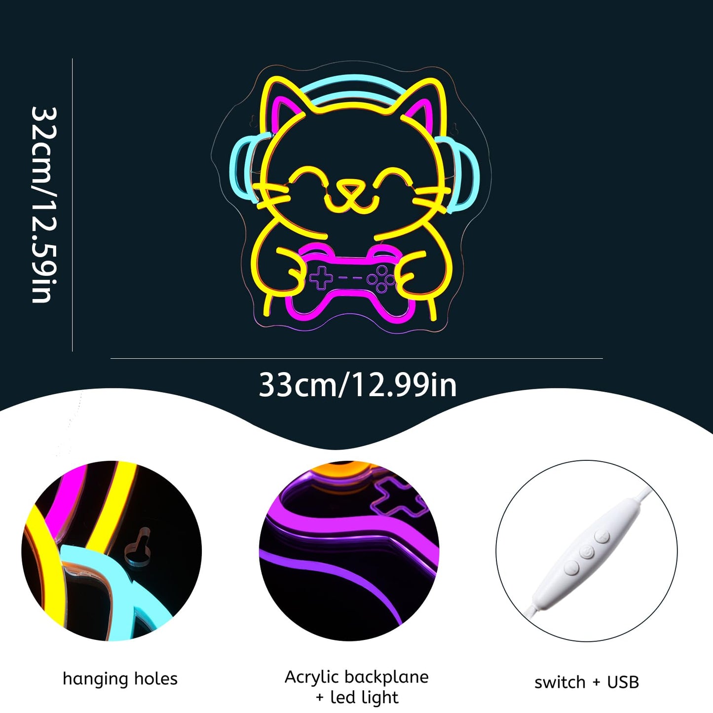Ineonlife Game Cat Neon Sign for Wall Decor Light Up Cute Animal Led Signs for game room Acrylic Art Decor for home bar bedroom cafe man cave Decorations 12.99x12.6 inch USB POWER