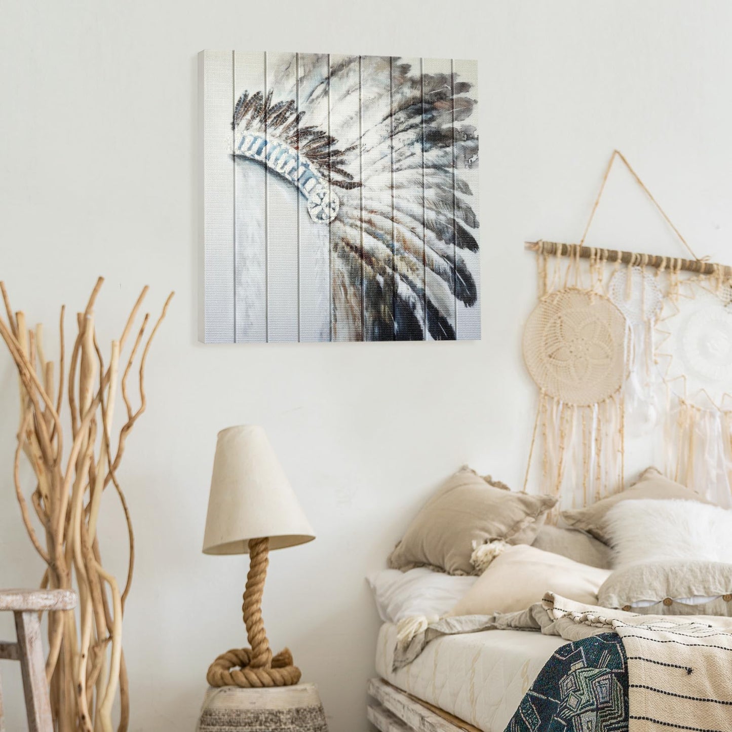 llribbons Feather Headdress Ribbon Wall Art Boho Wall Decor Handmade Ribbon Canvas Painting Modern 3D Woven Unique Textured Prints for Living Room Bedroom Bathroom Office Kitchen Home Decor 20" x 20"