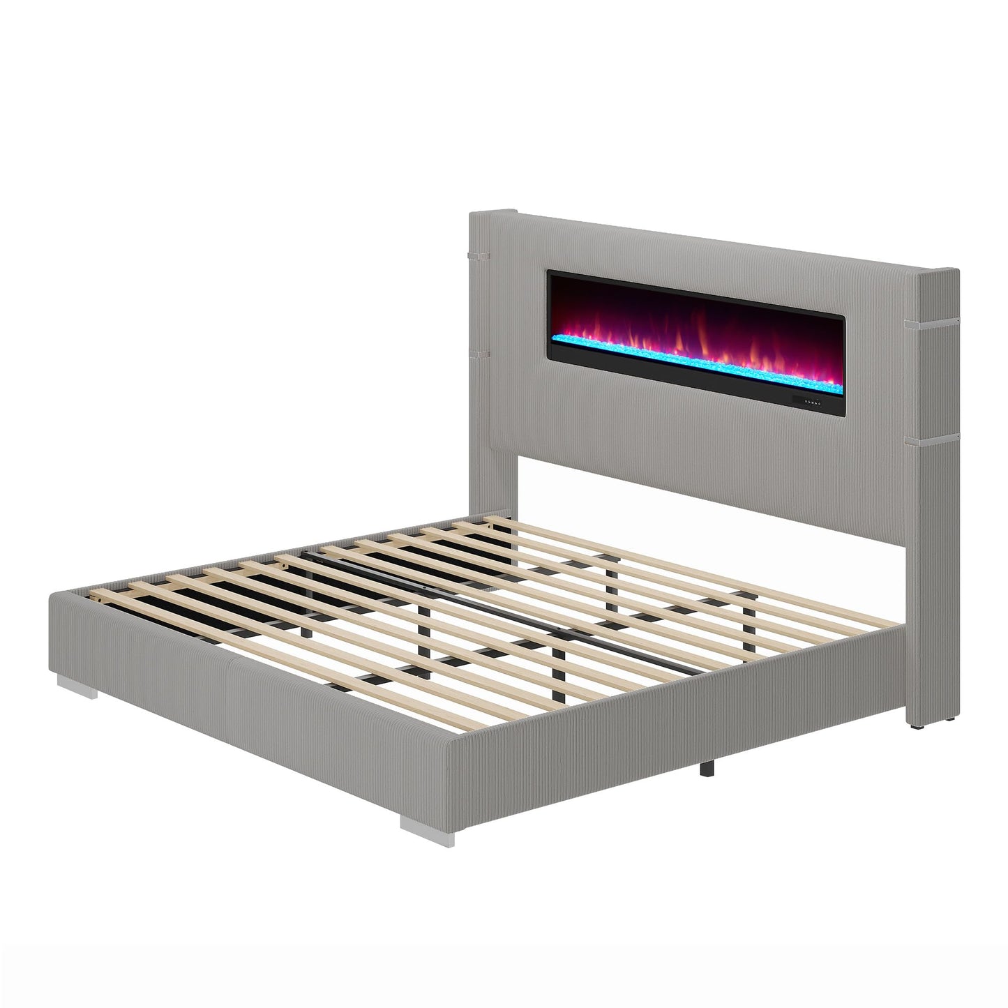 AMERLIFE Modern King Size Bed Frame with Fireplace, Corduroy Upholstered Bed Frame with 60.4“ Extra Tall Headboard, Wingback Platform Bed Frame Wooden Slats/No Box Spring Needed, Greige