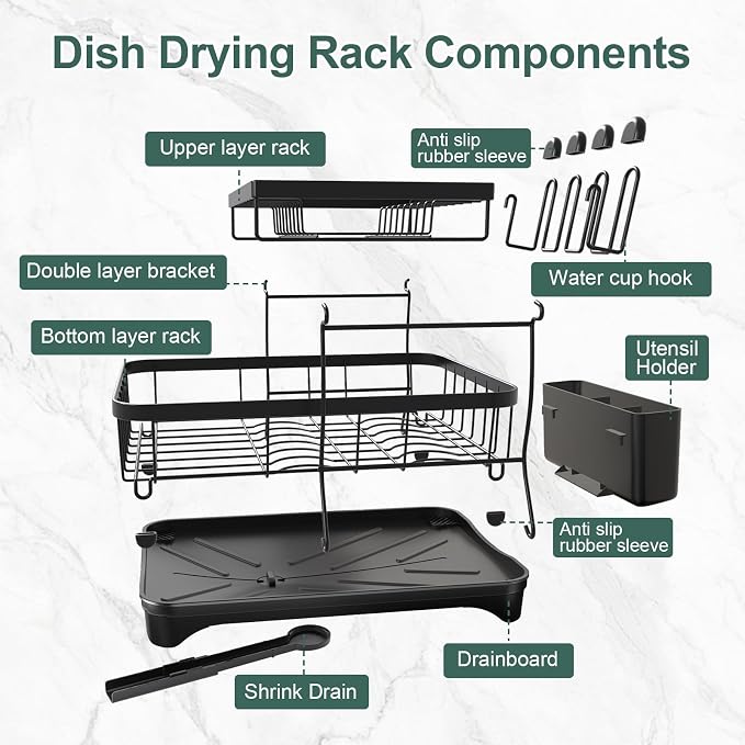 LIYI Dish Drying Rack,Large Dish Rack for Kitchen Counter,2-Tier Dish Racks with draining Tray,Detachable Capacity Dish Drainer Organizer,Black