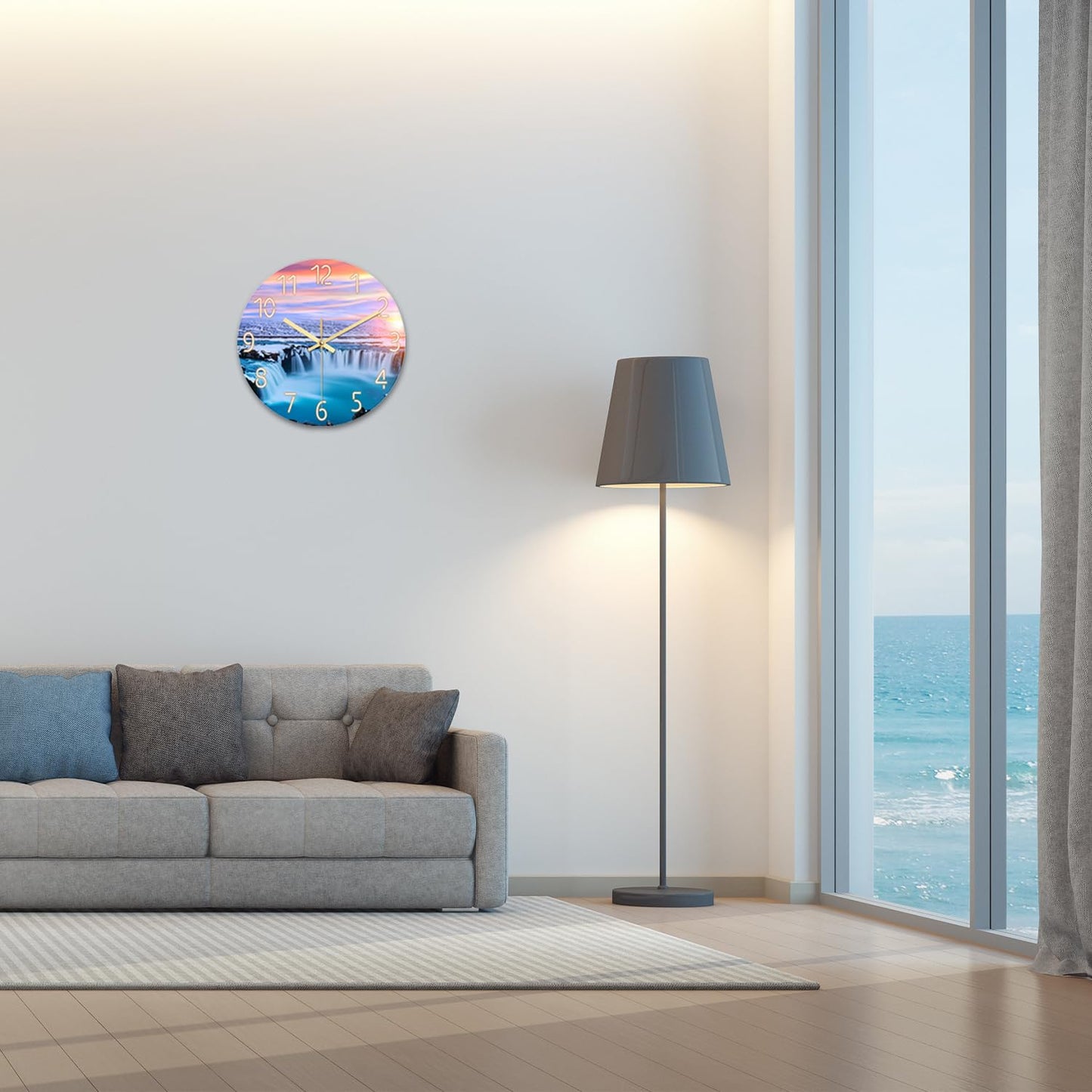 XNM Landscape Blue Beach Wall Clock for Bedroom Living Room 14 Inch Glass Battery Operated Clocks for Wall Analog Wall Clock Silent Non Ticking