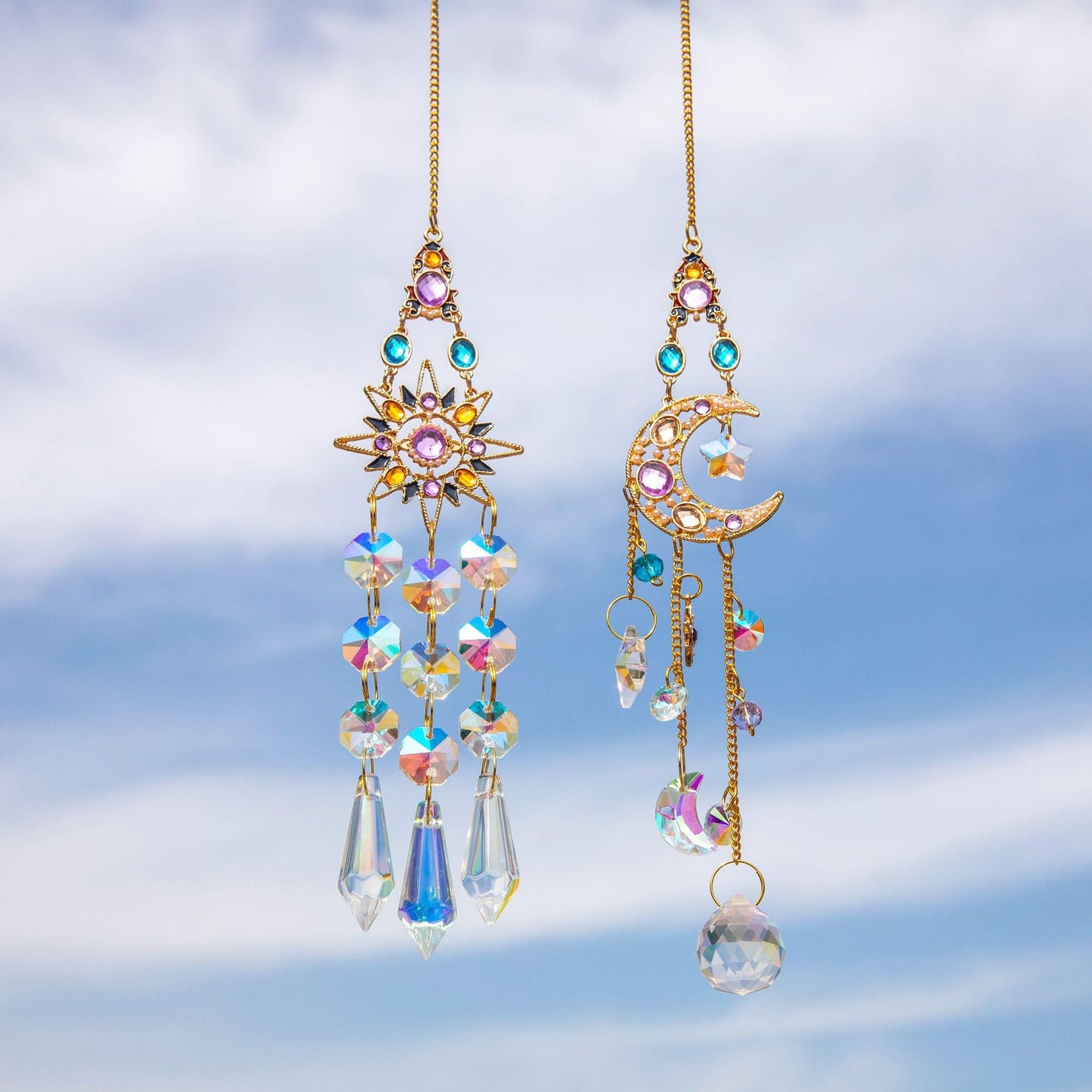 Sun Moon Crystal Suncatcher Set - Rainbow Maker Window Hanging Ornament for Home Garden Car Decor & Spiritual Gift (2-Pack)