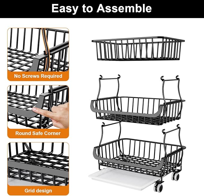 3 Tier Rolling Pantry Floor Organizers and Storage Cart with Wheels, Fruit Basket Stand on Wheels, Vegetable Baskets for Kitchen, Three Tiered Pantry Shelves Organzier for Snack, Produce, Potato,Onion