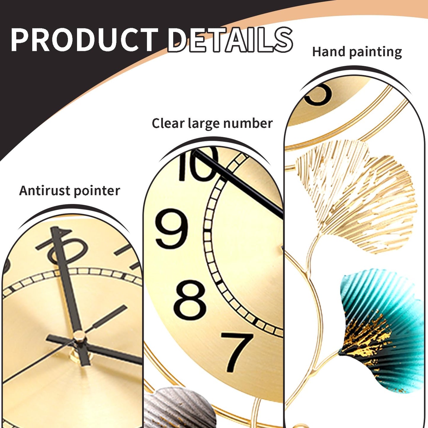 FILLOVE Elegant Metal Wall Clock with Silent Round dial and Gold and Blue Leaves, Modern Non-Walking Silent Metal Wall Clock for Living Room, Bedroom, Study, Office (25in*12in) (Gold Leaf)