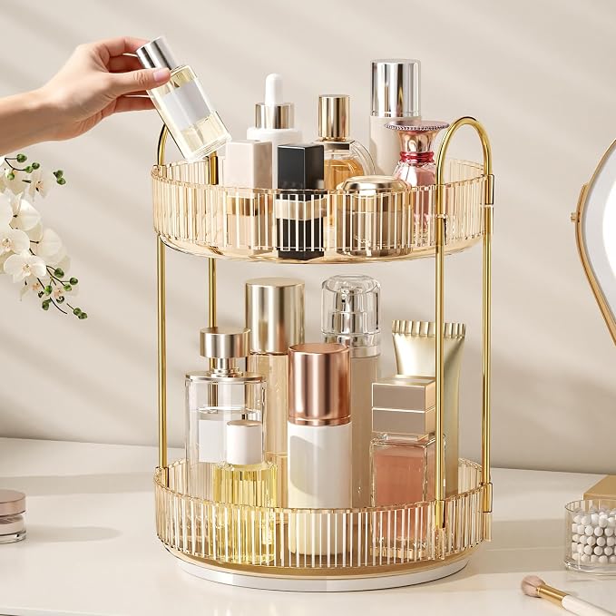 360° Rotating Makeup Organizer, Large Capacity Skincare Organizer, 2 Tier Cosmetic Skin Care Perfume Dresser Organizer, Fits Cosmetics, Perfume, Skin Care, Lipstick