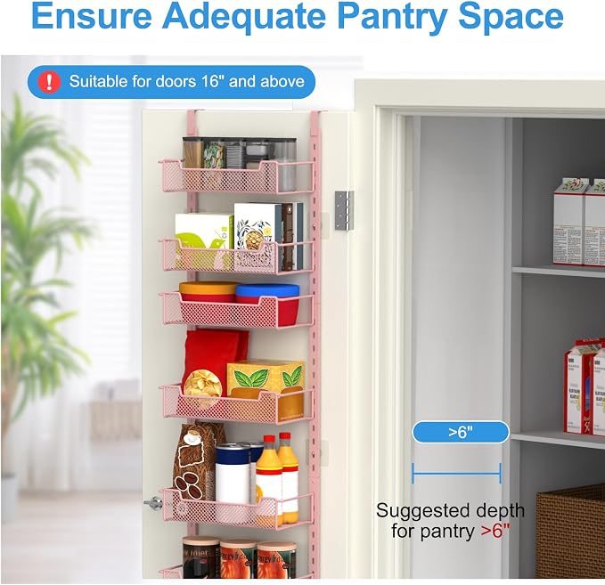 VyGrow 12.3" W Narrow Over the Door Pantry Organizer, 8-Tier Over the Door Organizer with Adjustable Basket, Pantry Door Organization for Pantry Kitchen Storage Room Spice Rack, Pink