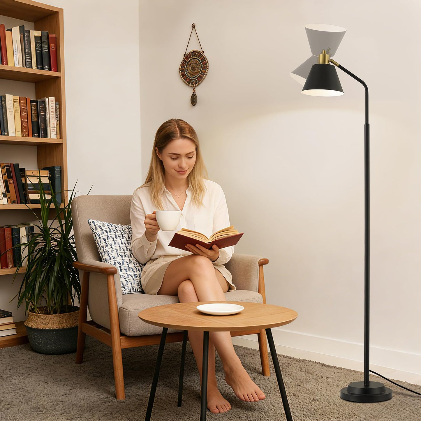 Leasgy 65.3" Floor Lamps for Living Room, Black Floor Lamp for Bedroom, Dual-Base Industrial Standing Lamp, Adjustable-Head Corner Lamp, Modern Tall Lamp, Living Room Light, Bulb Included, Black