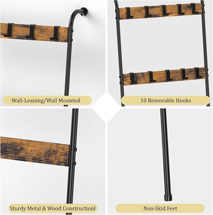 Blanket Ladder Shelf for Living Room, 5-Tier Wall Leaning Towel Rack with 10 Removable Hooks, Rustic Farmhouse Wooden Quilt Blanket Holder for Bedroom Boho Bathroom Decor, Rustic Brown