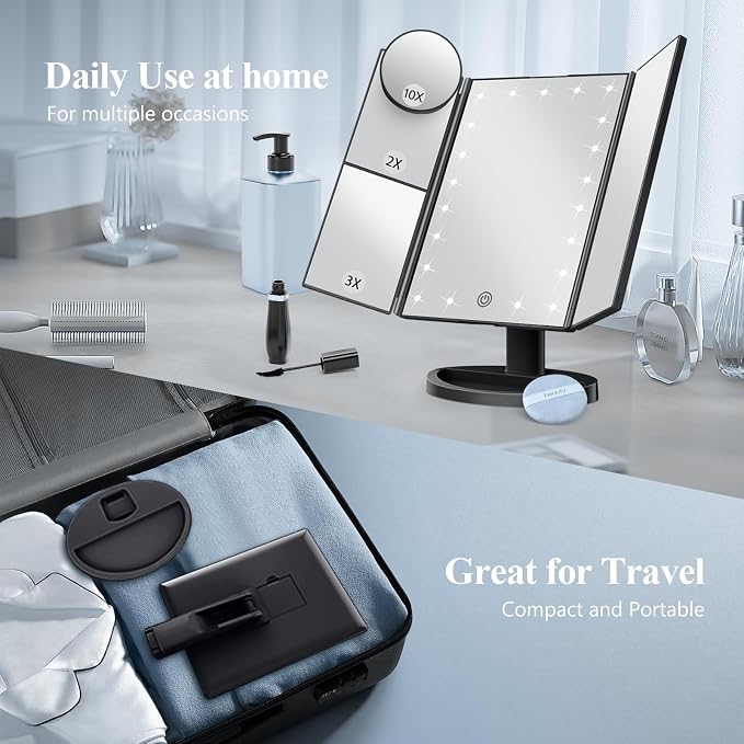 HUONUL Makeup Mirror, Vanity Mirror with Lights, 2X/3X/10X Magnification, Touch Control, Trifold, Dual Power Supply, Birthday Gifts for Women, Wife, Mom, Girls,Dorm Room Essentials