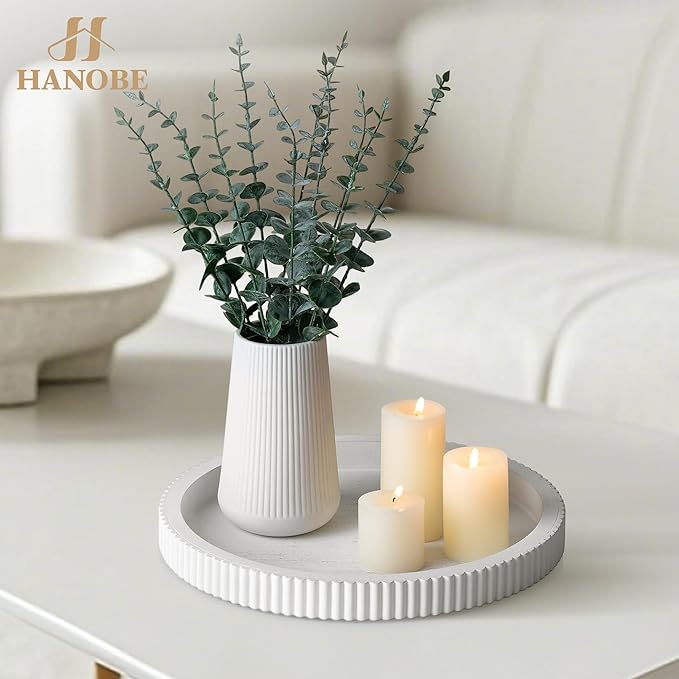 Hanobe Decorative Tray for Coffee Table: White Round Trays for Living Room Ottoman Centerpiece Home Decor 12" Modern Farmhouse Topper Dining Kitchen Island Tabletop Display