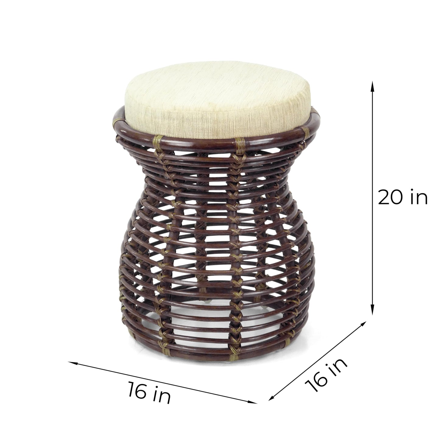 Milan Handmade Natural Rattan Wicker Ottoman Stool Vanity Bedroom Fully Assembled Dark Brown Color