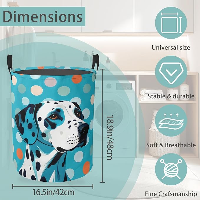 Dalmatian Dog Laundry Basket With Handles Tote Bag Oxford Cloth Funny Laundry Hamper Clothes Storage Bucket Toy Organizer 16" X 20.8"For Bathroom/Laundry/Bedroom