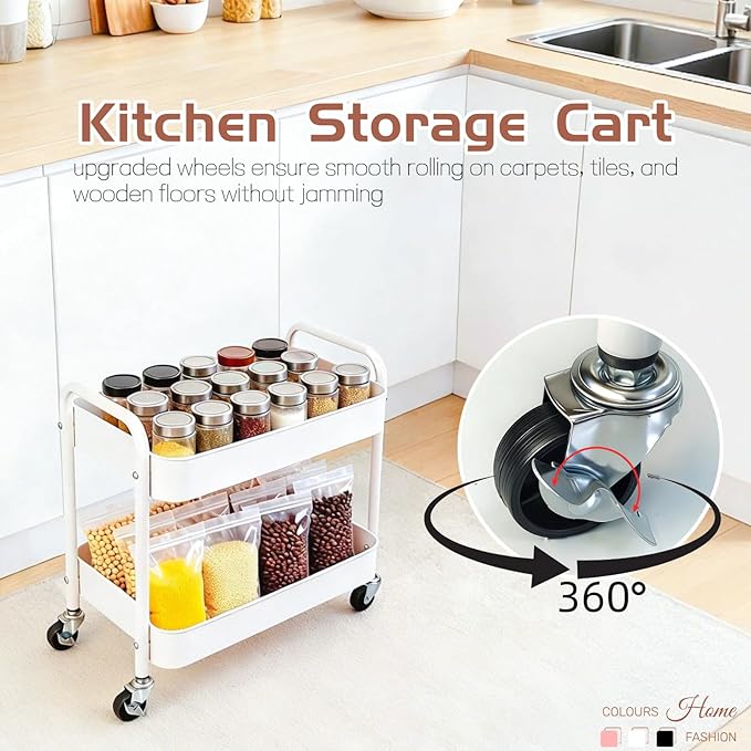 2 Tier Short Rolling Cart with Wheels for Under Desk Storage & Pantry Storage, Large Capacity Metal Kitchen Utility Cart for Small Space, Laundry Room Organizer Side Table with 4 Hooks, White