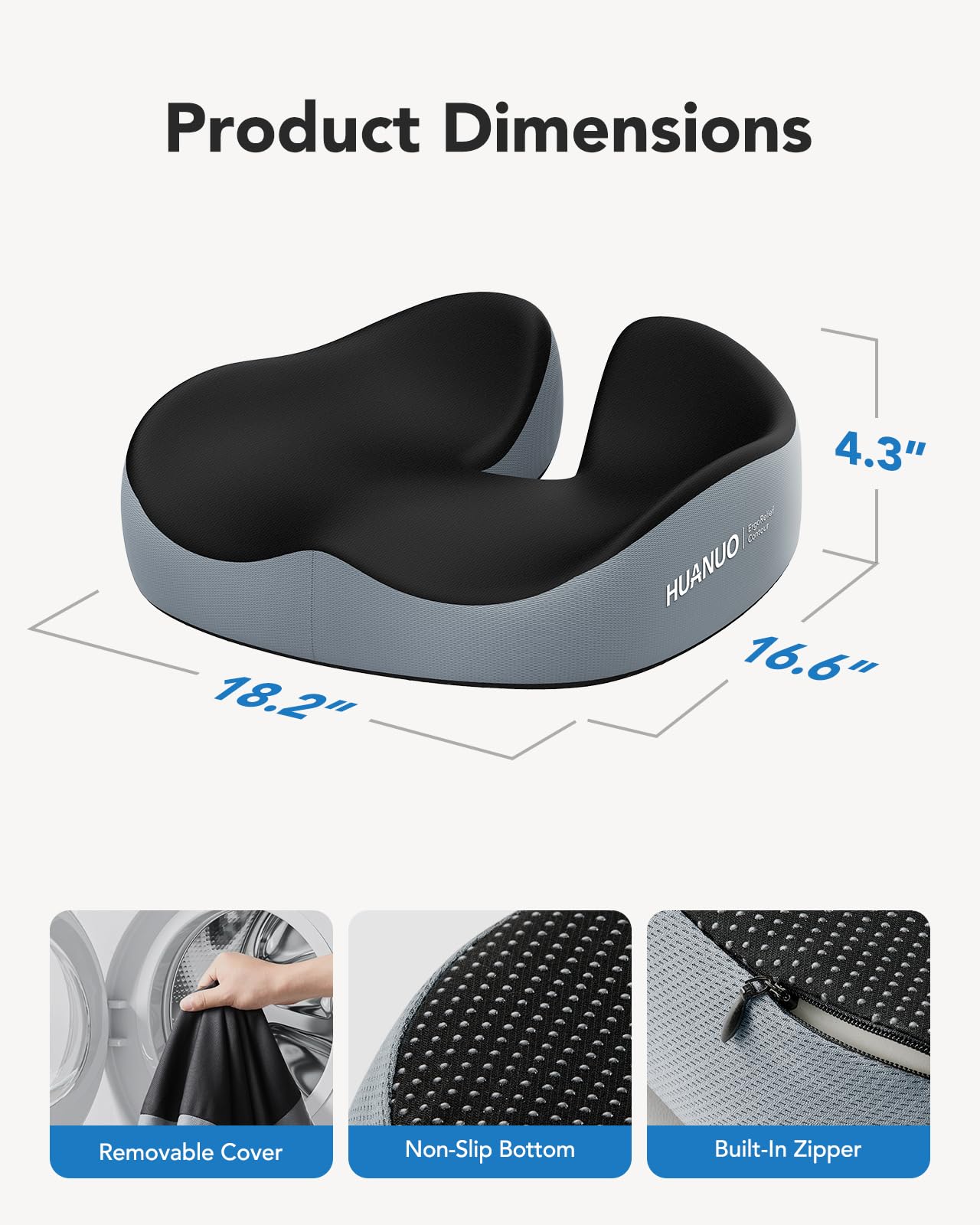 HUANUO Seat Cushion for Office Chair, Extra Large Memory Foam Cushion for Office Chair,Car & Wheelchair - Sciatica & Tailbone Pain Relief for Long Sitting, Ergonomic Design with Anti-Slip Bottom