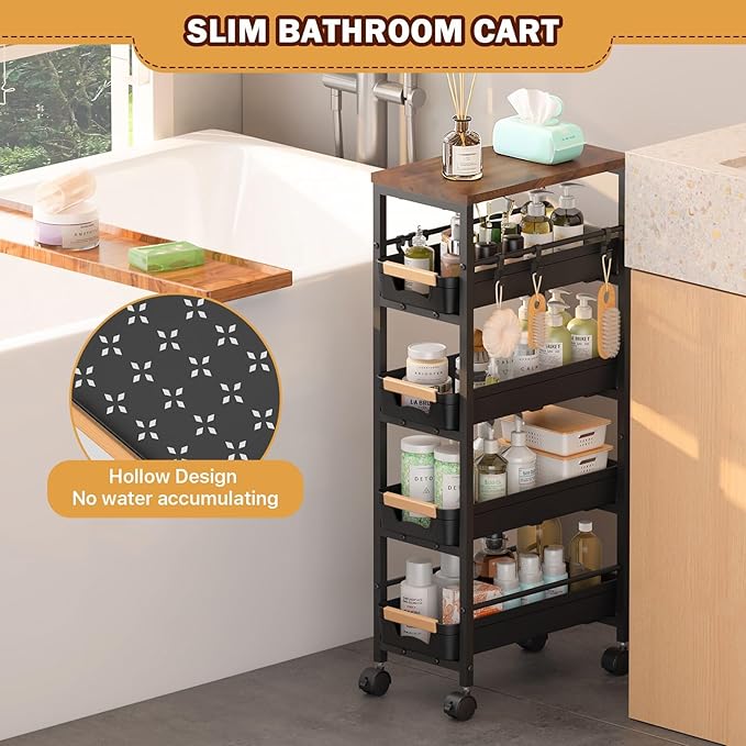 SUNALLY Slim Storage Cart with Pull-Out Baskets, 5-Tier Rolling Kitchen Cart with Wooden Top & Lockable Wheels, Narrow Space Utility Cart Organizer for Kitchen, Bathroom, Laundry Room, Black