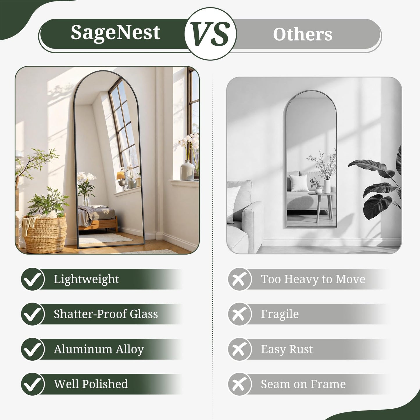 Mirror Full Length 64"x21" Full Body Floor Mirror with Stand, Shatterproof Glass, Aluminum Alloy Frame, Free Standing Wall Mounted or Leaning Arched Mirrors for Bedroom Living Room Entryway