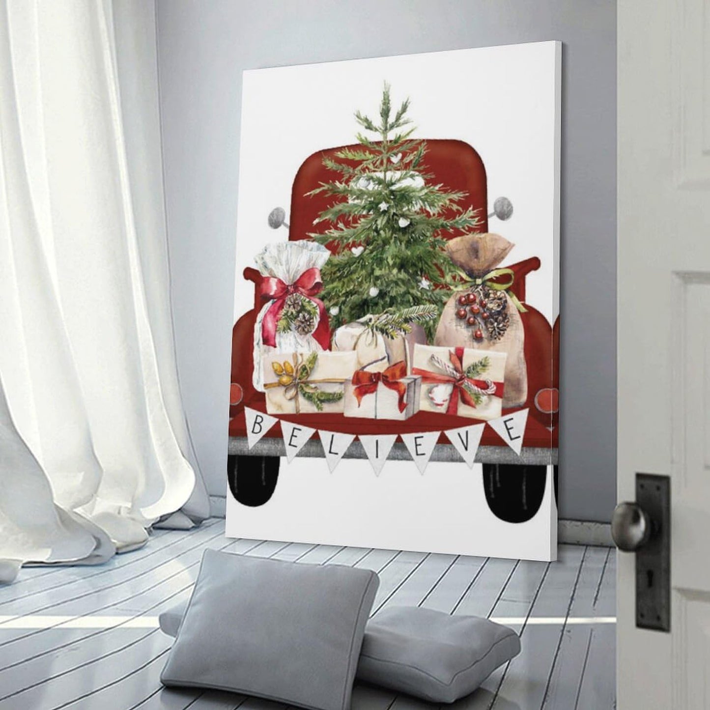 LohxA Festive Red Truck Believe Banner Tree Presents Print - Custom Holiday Wall Decor ， Christmas Signs P Canvas Wall Art Print Poster For Home School Office Decor 12x18inch(30x45cm)
