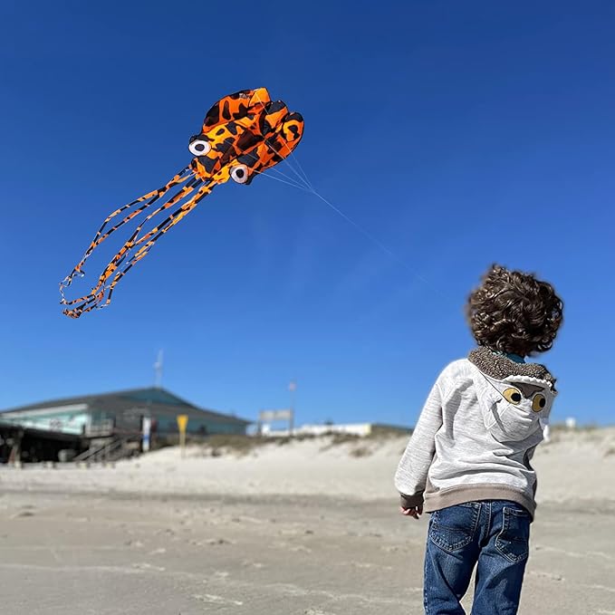 Octopus Kites for Kids & Adults Easy to Fly, 24”x 158” Large Soft Kite Kit for Boys and Girls, Single Line 3D Beach Kite Set for Teens,Perfect for Outdoor Activities