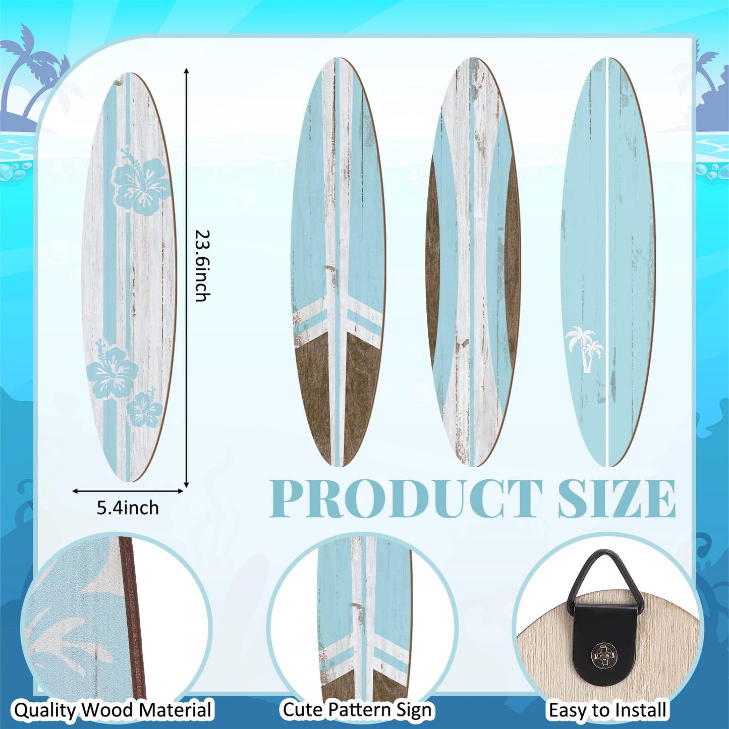 Threan 4 Pcs Large Surfboard Wall Decors Girls Boys Wooden Beach Room Decor 23.6" x 5.4" Preppy Surf Board Hanging Signs Aesthetic Tropical Wall Art for Bedroom Living Room Bathroom Decors(Blue)