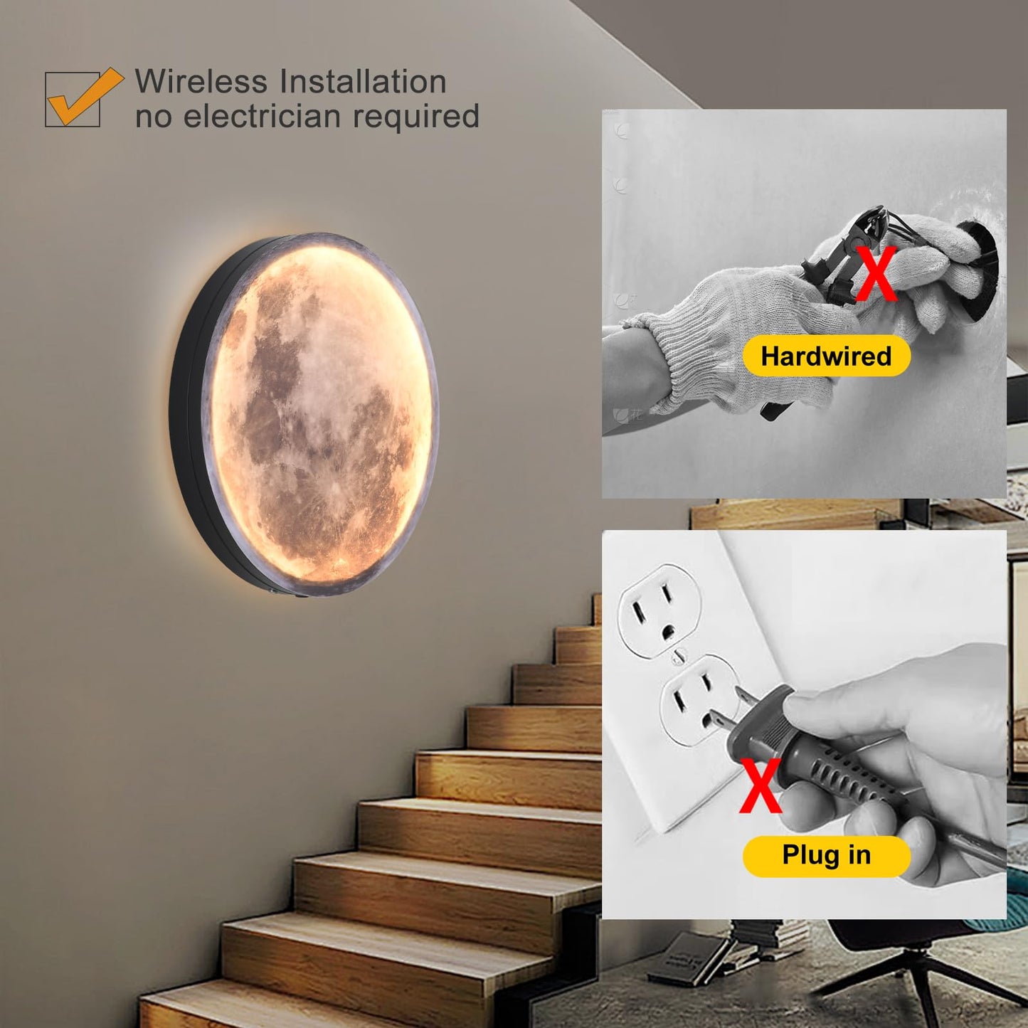 Skylumate Battery Operated Moon Wall Sconces 3 Color Dimmable Rechargeable Moon Wall Light with Remote Control 9.5inch Black Moon Wall Lamp Indoor Wall Mounted Lighting for Living Room Bedroom
