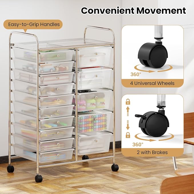 Giantex 15 Drawer Rolling Cart with Drawers, Storage Organizer Cart for Classroom Office School Teacher, Mobile Drawer Cart for Tools, Crafts, Small Printer, Clear