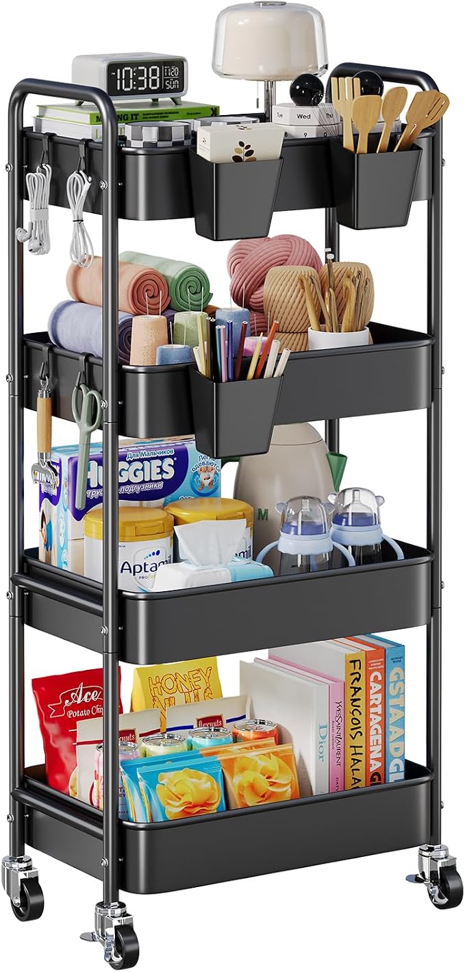 4 Tier Rolling Cart Metal with Wheels, Black Four Tiered Rolling Storage Cart on Wheels, Utility Roller Carts Organizer for Art, Craft, Baby Diaper Caddy, Snack, Book, Large-Capacity Shelving Units