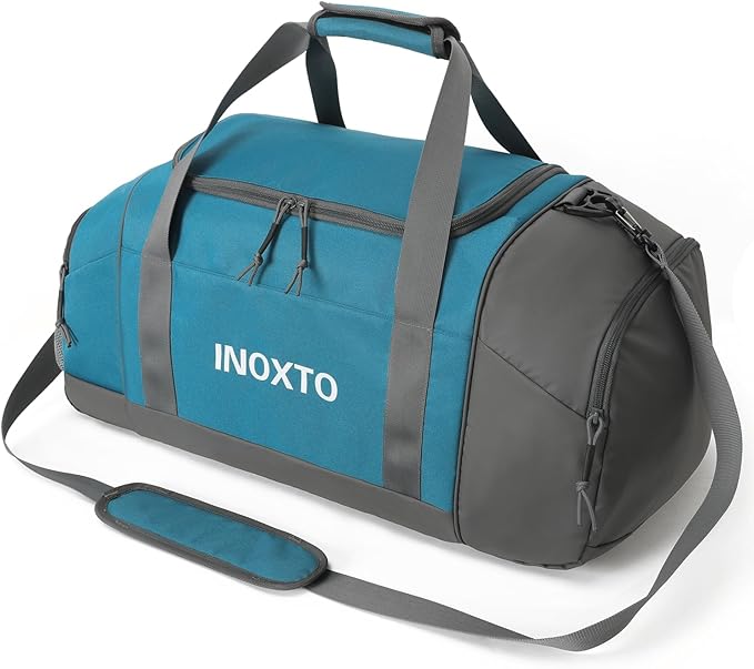 Sports Gym Bag，INOXTO Travel Duffel Bag with Dry Wet Pocket And Shoe CompartmentFor Women and Men，40L/55L Fitness Waterproof Weekender Bag For Swim Sports Travel Working Out (Blue White, 55L)