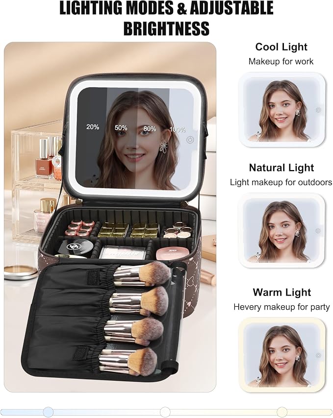 Relavel Travel Makeup Bag With LED Mirror, Portable Cosmetic Organizer Bag with Adjustable Brightness in 3 Color Scenarios, Small Train Case with Detachable Dividers for Trip- Brown Bowknot