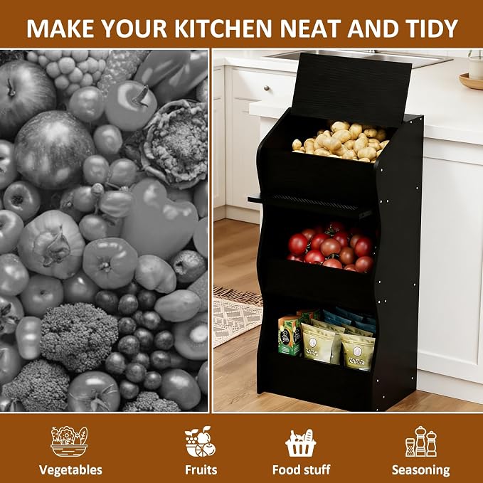 Potato and Onion Storage Bin with Lid, Root Vegetable Storage Rustic Bread Box for Kitchen Pantry, Wooden Bread Cabinet Fruit Storage Rack,Black