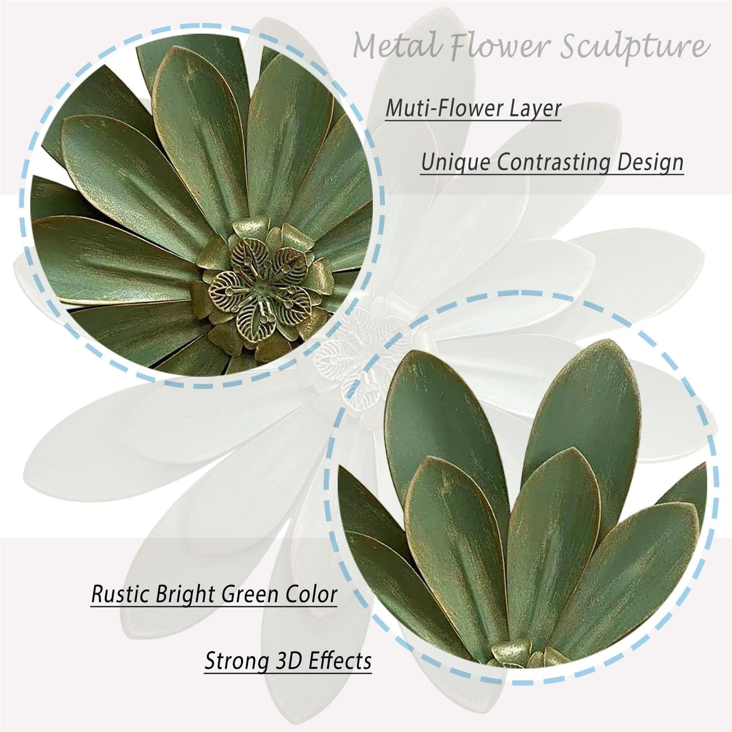 Novbvia Metal Flower Wall Sculpture, 12" Rustic Modern Floral Artwork, Distressed 3D Layered Iron Flower Wall Hanging Accent for Indoor/Outdoor, Kitchen,Living Room Office Garden Decor (Green)