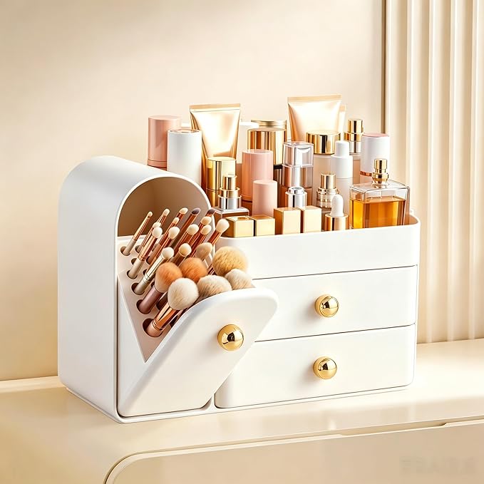 HBlife Makeup Organizer Countertop with Drawers, Vanity Organizers with Brush Holder, Bathroom Counter Organizer for Perfume, Nail Polishes, Lipsticks, Skincare and Eyeshadow Palettes, White