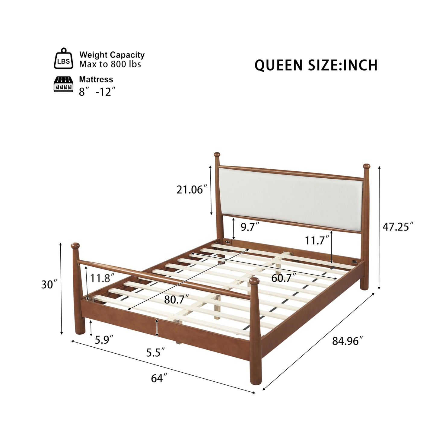 Merax Modern Queen Size Solid Wood Platform Bed with Upholstered Headboard, Mid-Century Low Bed Frame with Sturdy Wood Legs/No Box Spring Needed/Easy Assembly, Beige+Walnut