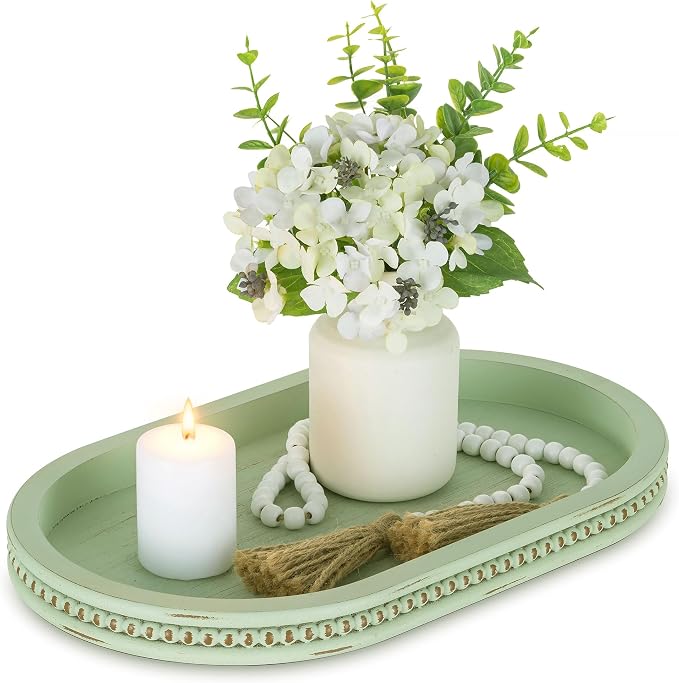 Hanobe Decorative Trays for Coffee Table: Sage Green Oval Bathroom Trays - Wood Modern Farmhouse Decor for Home Kitchen Counter Entryway Table