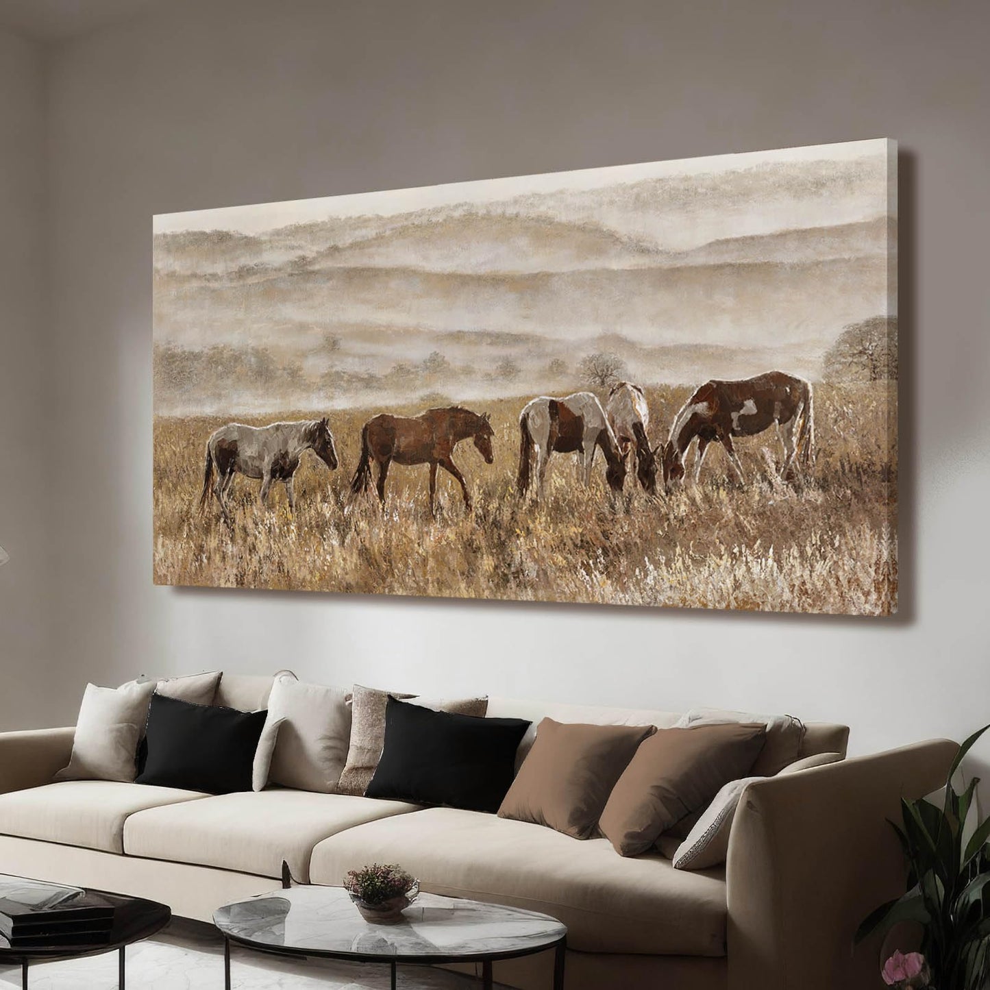 VAYIMDH Canvas Wall Art for Living Room Horse Wall Decor Animal Prints Pictures Grassland Artwork Paintings Brown Pictures 24"x48"