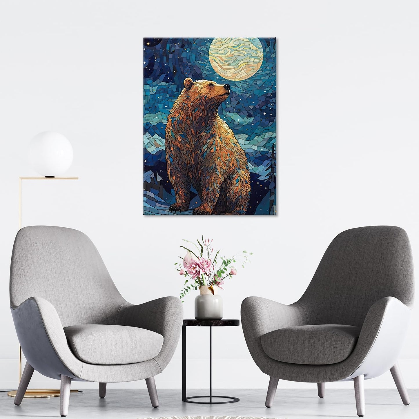 Mosaic Bear Wall Art,Starry Sky Dreamy Constellation Animal Canvas Print,Kid's Room Colors Wall Art,Wildlife Nature Home Decor,Modern Canvas with Framed Canvas Print,Framed 12 X 16in