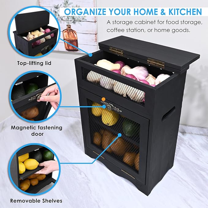Ikee Design Free Assemble Wooden Countertop Potato and Onion Storage Bin Box, Countertop Cabinet, Wooden Bread Boxes, Potato Storage, Coffee Station,11.8W x 6.8D x 16H in, Black Color