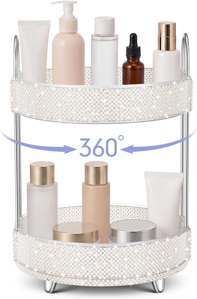 Honeydak 360 Rotating Perfume Organizer Gift for Women, Rhinestone Preppy Skincare Organizer Bathroom Counter Makeup Holder Skincare and Perfume Storage for Cosmetic(2 Tiers,Pearl,White)
