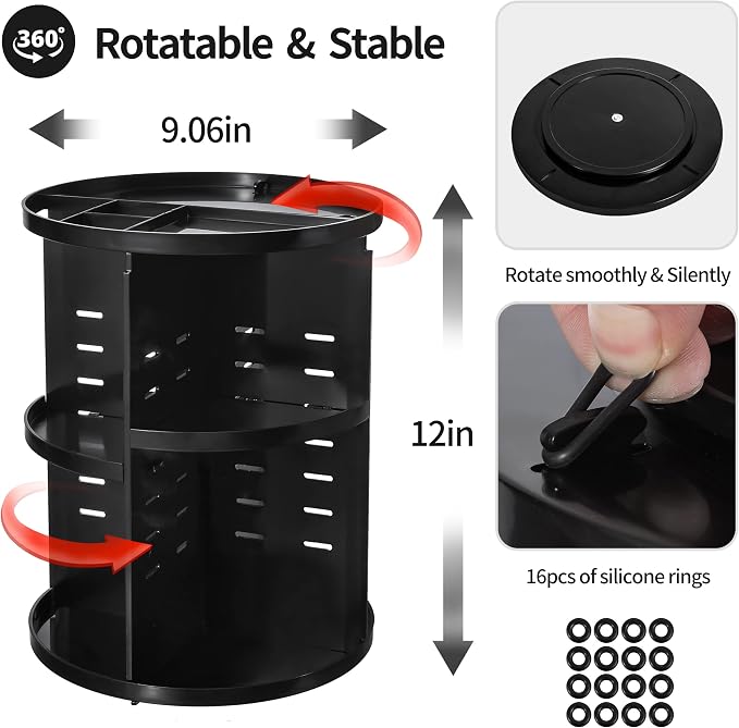 seinlife 360 Rotating Makeup Organizer,DIY Adjustable Spinning Holder,Foldable Cosmetic Storage Display box,Large Capacity Make up Caddy Shelf,Fits Countertop Vanity and Bathroom (BLACK)