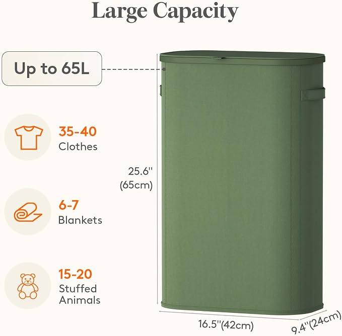 Lifewit Slim Laundry Basket with Lid, Narrow Large Laundry Hamper with Plastic Handles and Removable Bag, Tall Foldable Dirty Clothes Hampers for Laundry Room, Bedroom, Bathroom, Dorm, 65L Green