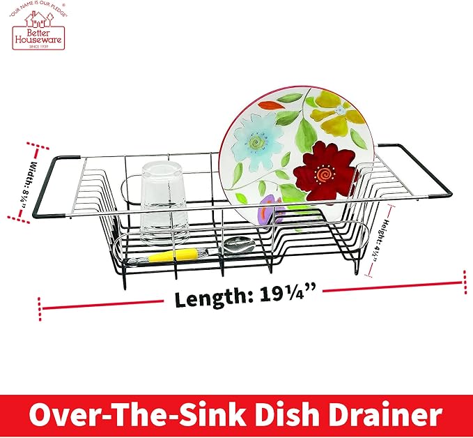 Better Houseware Over Sink Dish Drying Rack Space-Saving Dish Rack for Kitchen Counter Stainless Steel 19.25 x 8.25 x 4.5