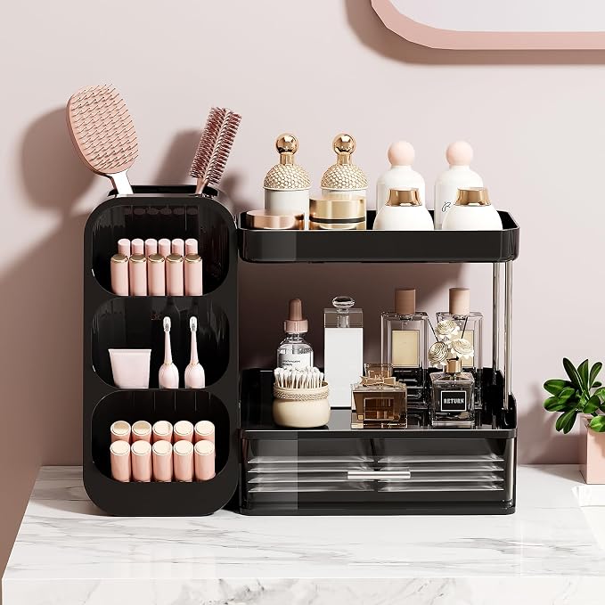 UFORU Makeup Organizer for Vanity with Brush Holder, 2 Tiers Countertop Skincare, Cologne Organizer and Perfume Stand for Men Bathroom Vanity, Large Capacity Makeup Storage, Black