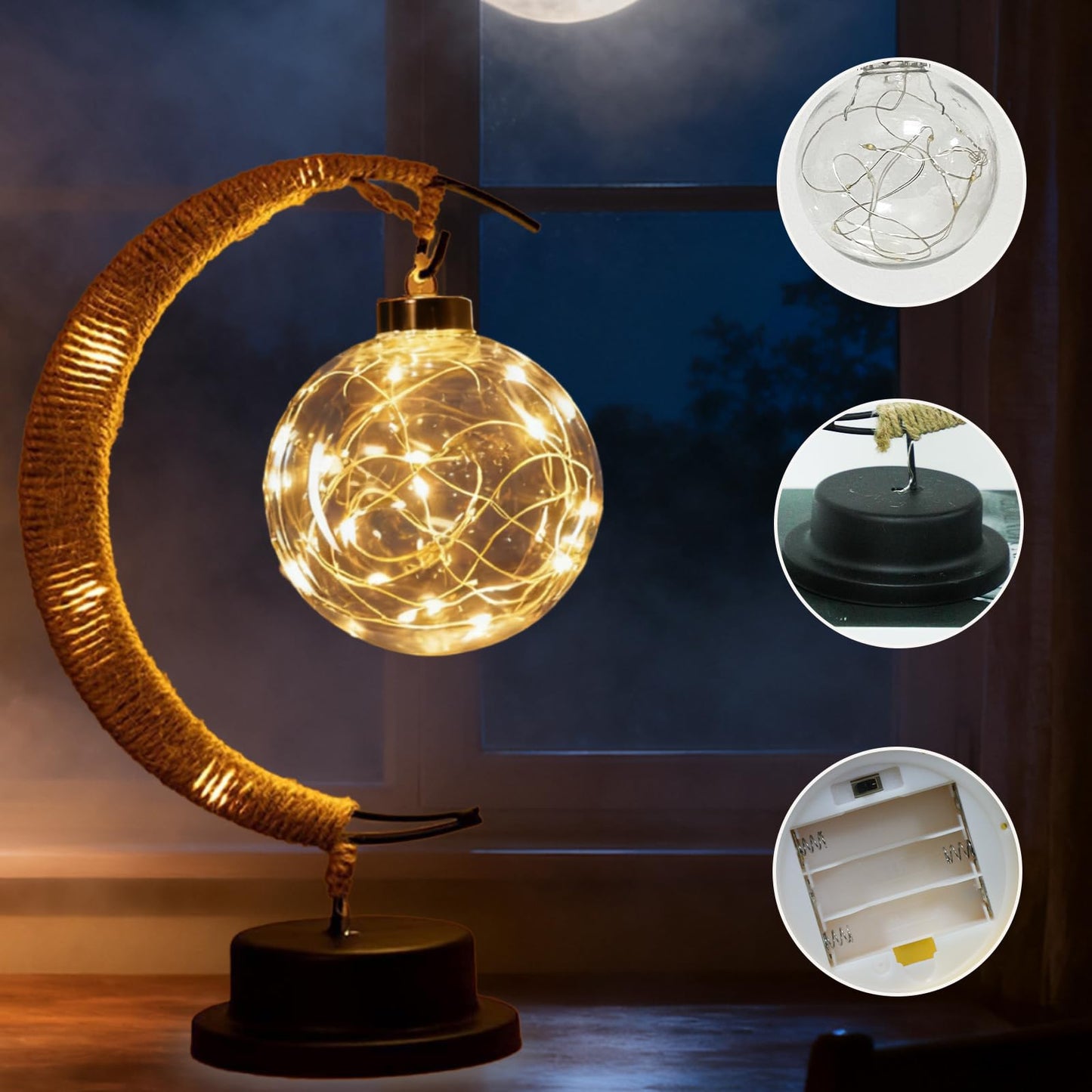 Taoushuleng Moon Table Night Light with Hanging Star Ramadan Decorative Lamp Battery Operated Suitable for Home Bedroom Shop Dining Table Holiday Party Eid Festival Decoration (HEMPmoon-WW-Ball)