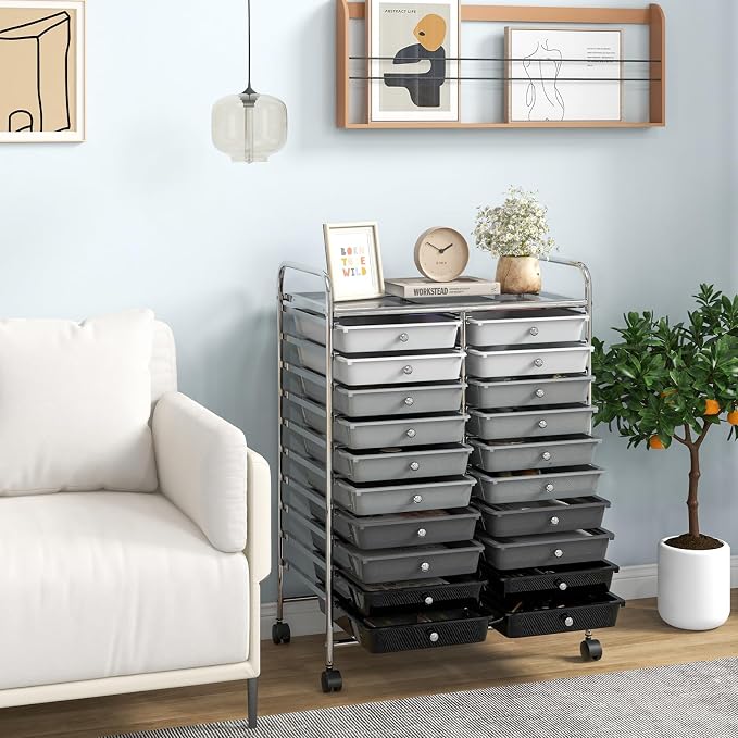 COSTWAY 20-Drawer Rolling Storage Cart, Utility Storage Organizer Cart for Tools, Scrapbook, Paper, Craft, Multipurpose Storage Trolley on Wheels for Home Office School, Mixed Black