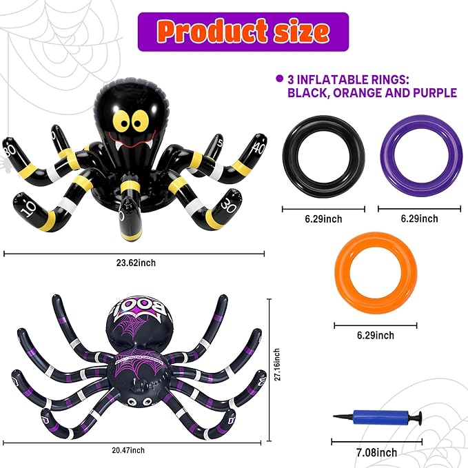 Max Fun Halloween Ring Toss Games for Kids, 2 Pack Inflatable Spiders Set Halloween Party Favor Supplies Holiday Carnival School Decoration Outdoor Indoor Spooky Creepy Game