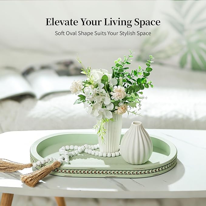 Hanobe Decorative Trays for Coffee Table: Sage Green Oval Bathroom Trays - Wood Modern Farmhouse Decor for Home Kitchen Counter Entryway Table
