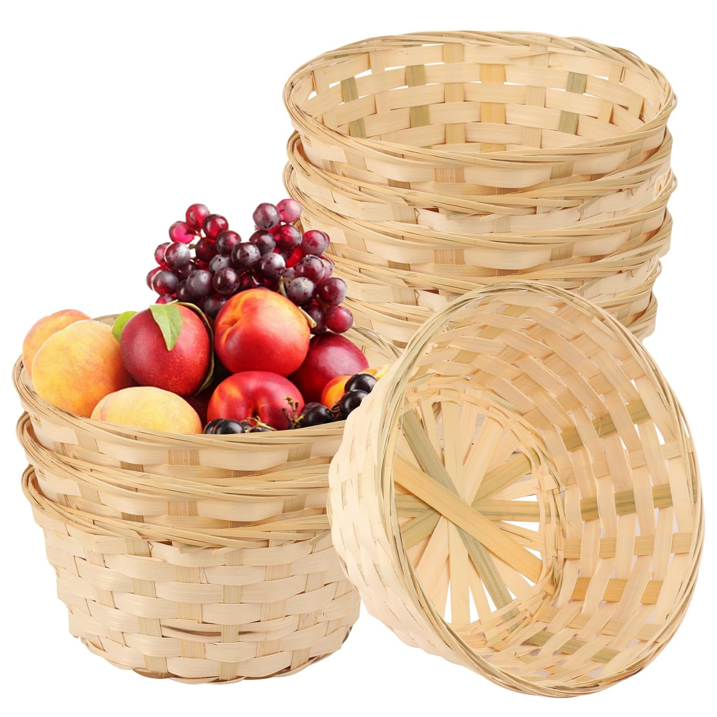 Geytetqi 10 Pack 8 Inch Round Bamboo Woven Fruit Baskets, Small Bamboo Wicker Gift Baskets for Kitchen, Restaurant, and Holiday Decor