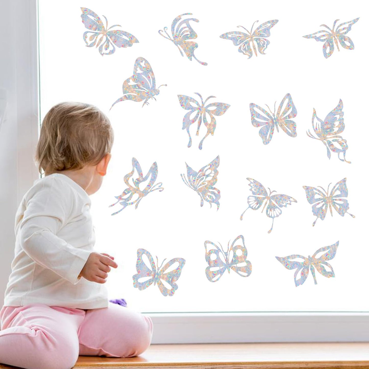 Shawula 32PCS Butterfly Window Clings - Anti-Collision Decals to Save Birds from Window Collisions,Non Adhesive Prismatic Vinyl, Rainbow Stickers