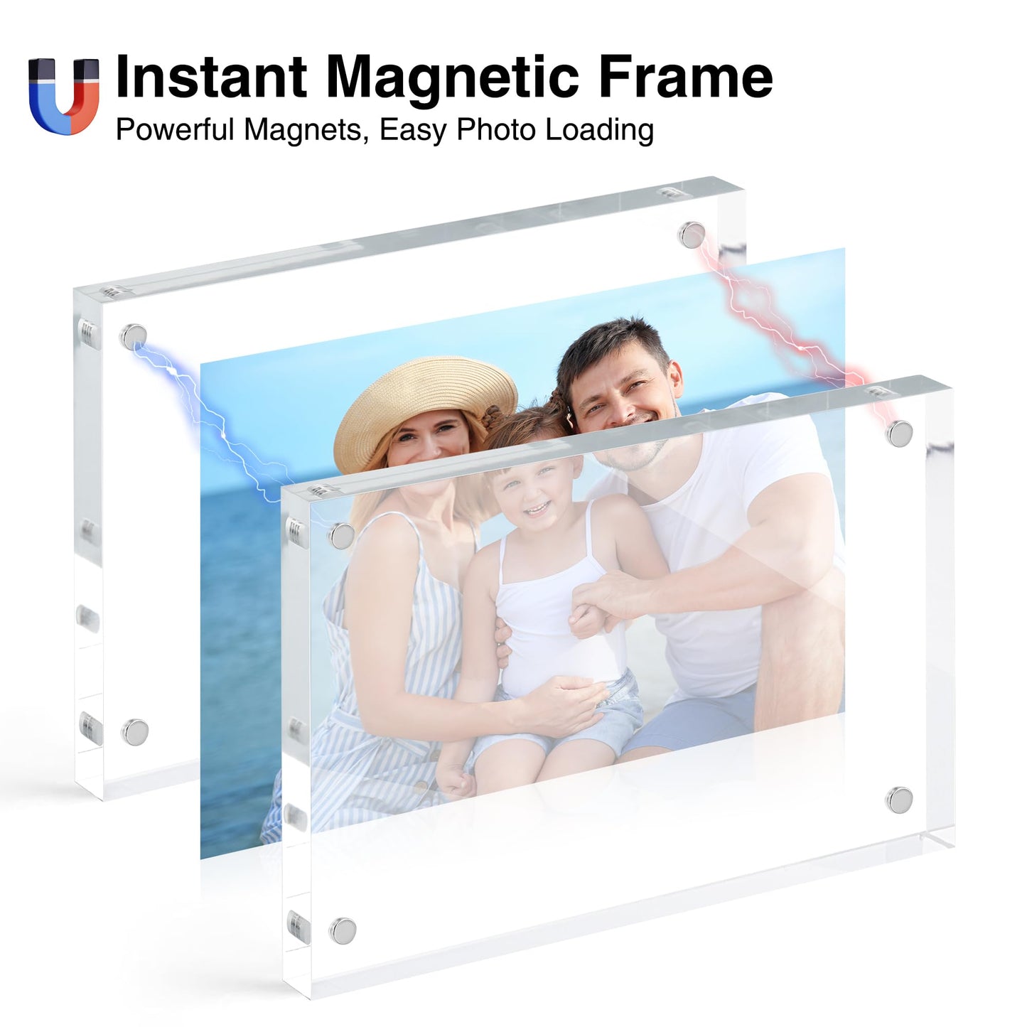 HOUSE DAY Acrylic Picture Frames 5x7, 2 Pack Magnetic 5x7 Picture Frame, Double Sided Clear 5 x 7 Photo Frame with Microfiber Cloth, Frameless FreeStanding 5x7 Frame Gift for Desktop Display
