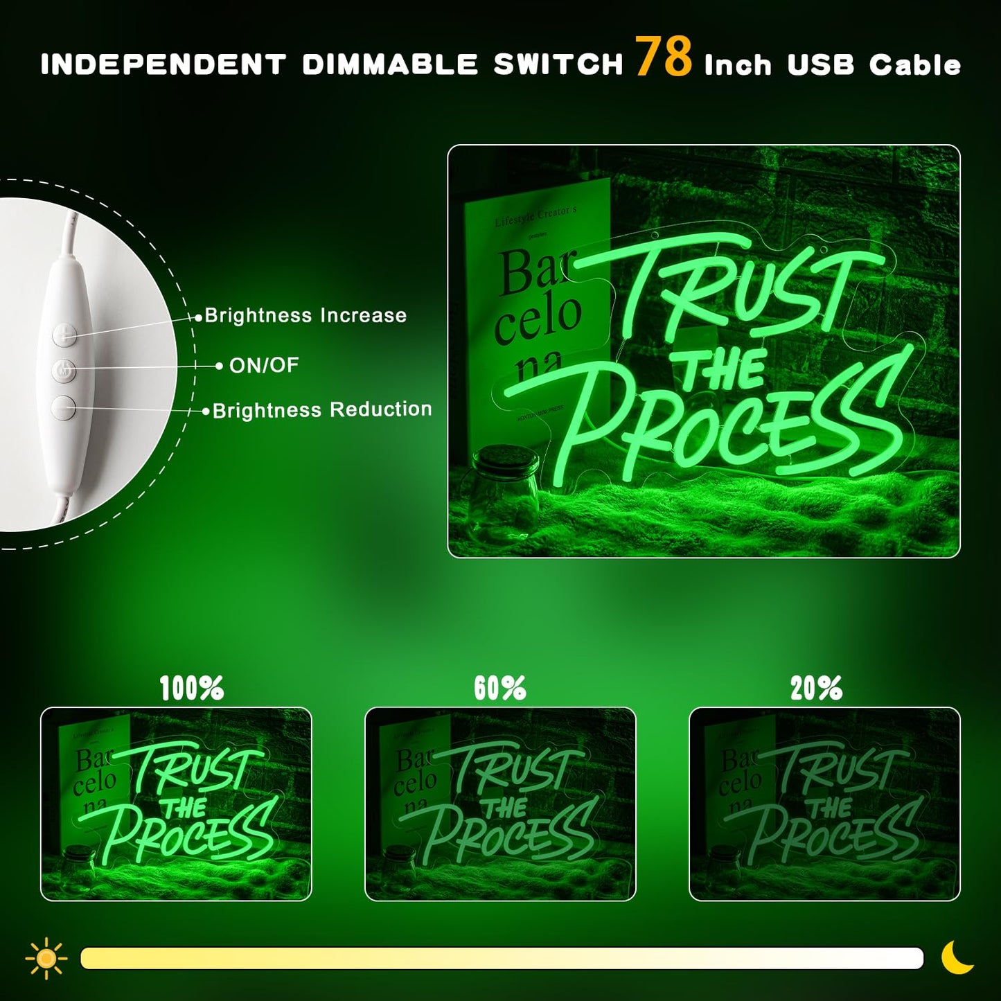 LLNEOX Trust The Process Neon Sign for Wall Decor Green Neon Light Gym LED Sign Dimmable Motivation LED Light Letter Lighting for Bedroom Bar Classroom Gym Office Art Inspirational Alphabet